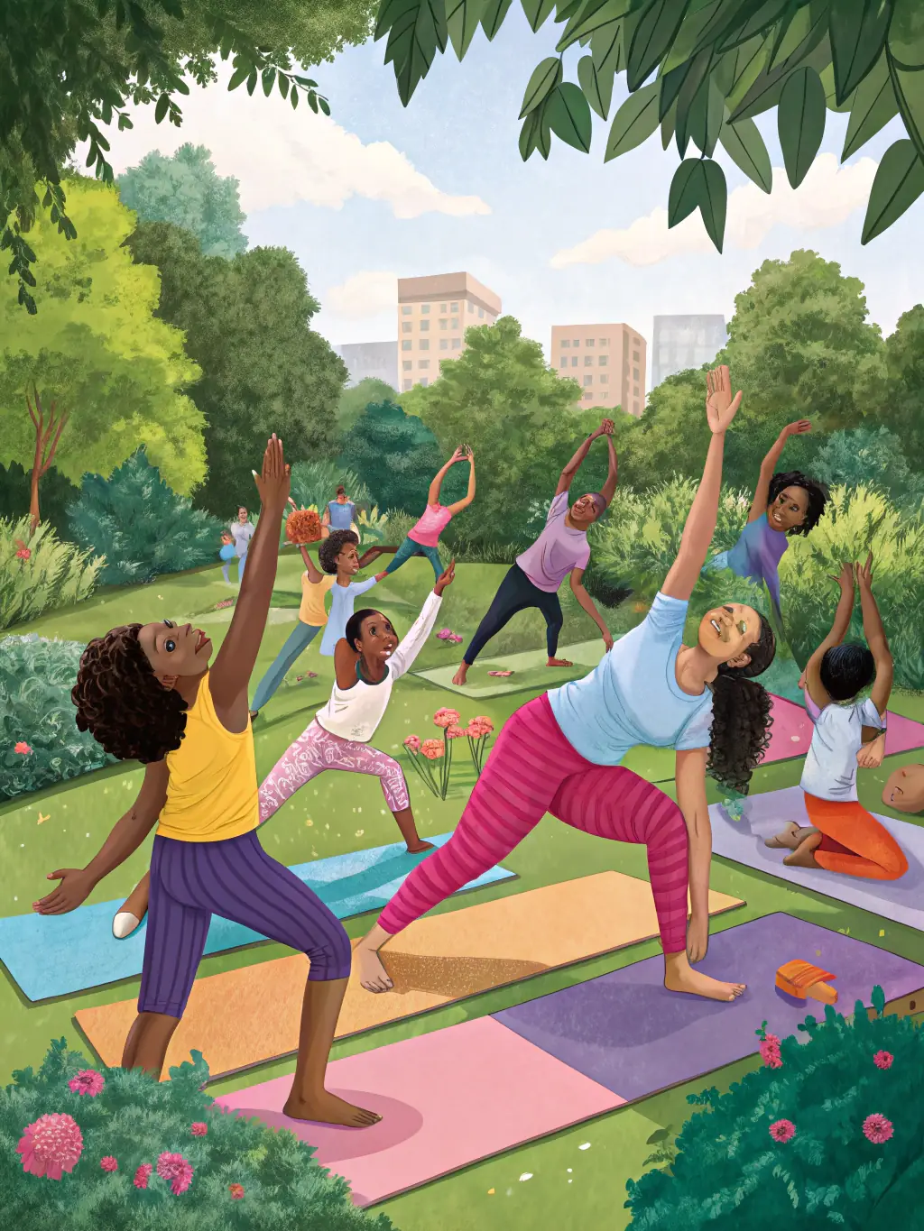 A group of people of different ages and abilities participating in a community yoga class in a park, with a certified instructor guiding them through various poses. The atmosphere is relaxed and inclusive, emphasizing the accessibility of yoga for everyone.