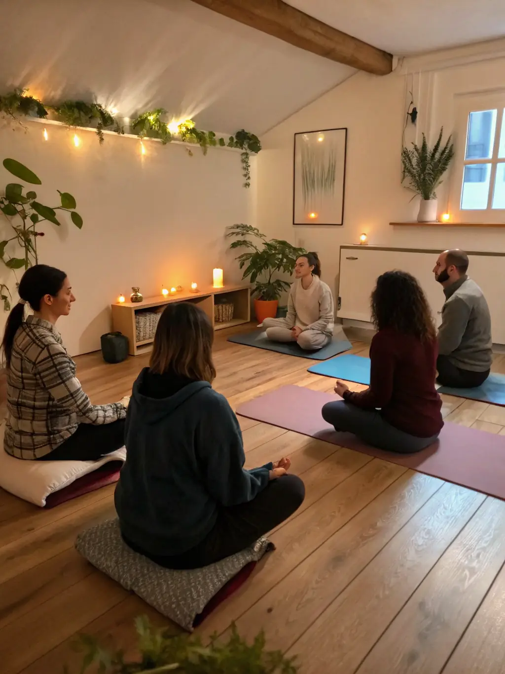 A serene indoor setting with participants sitting comfortably on mats, engaged in a guided meditation workshop led by an experienced instructor. The focus is on mindfulness and holistic health practices.
