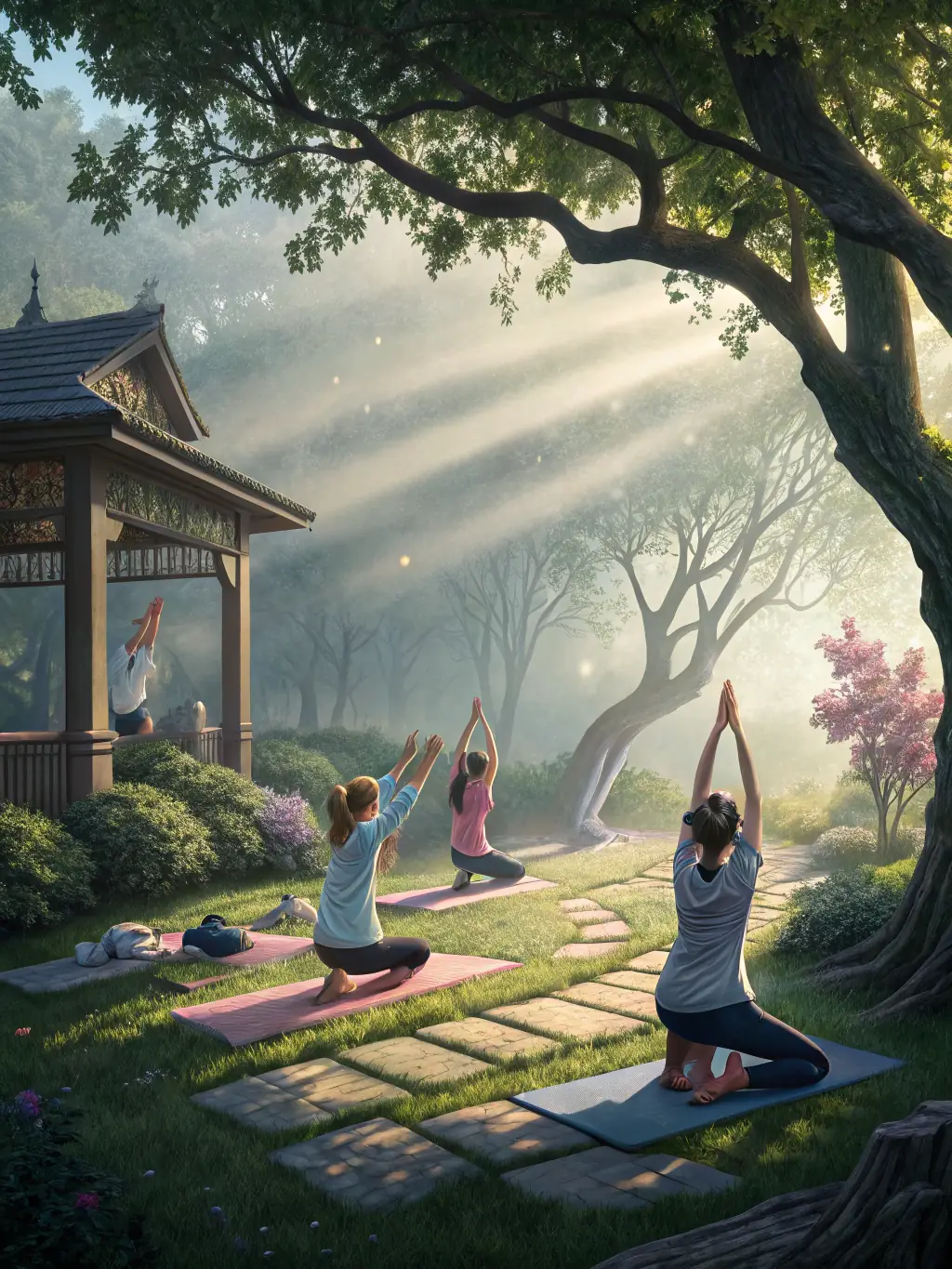 A group of people participating in a yoga retreat in a natural setting, such as a forest or by the sea. The image should convey a sense of peace, tranquility, and connection with nature.