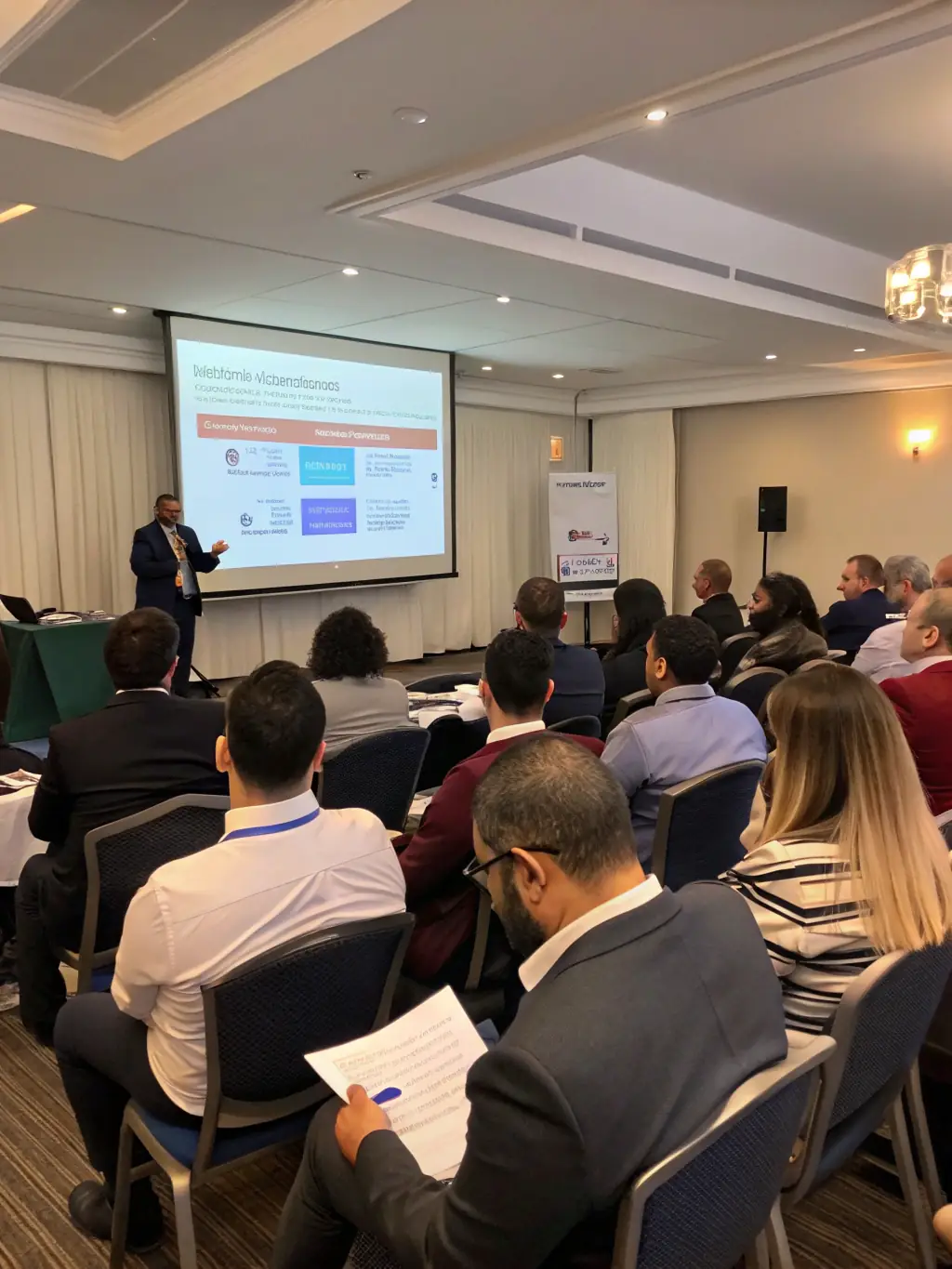 A diverse group of individuals participating in a wellness seminar, with a speaker presenting on holistic health practices. The setting is professional and engaging, emphasizing the importance of lifelong wellness habits.