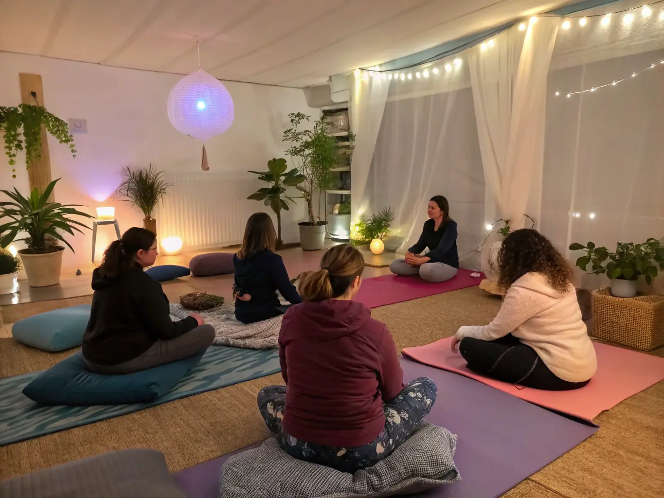 A group of smiling people enjoying a post-yoga session tea, highlighting the social and community aspects of AWAKENING AND HARMONY's yoga programs.