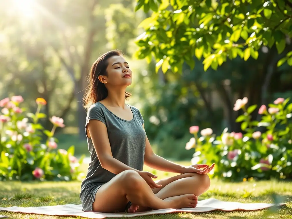 A calming image of an individual meditating outdoors in a peaceful garden, emphasizing the mental and emotional benefits of yoga and mindfulness practices.