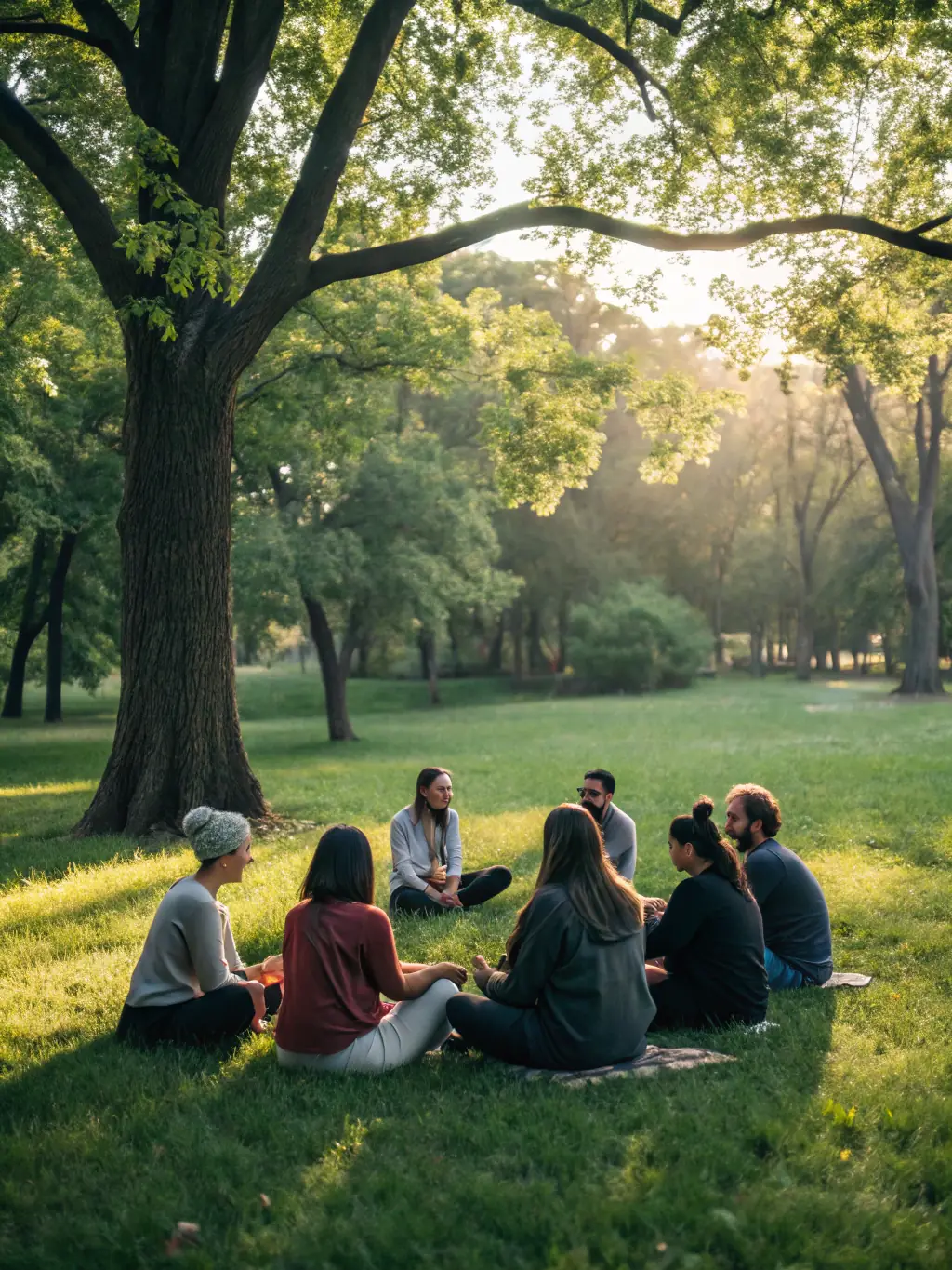 A group of people meditating outdoors during a mindfulness retreat, surrounded by nature, symbolizing peace and holistic well-being.