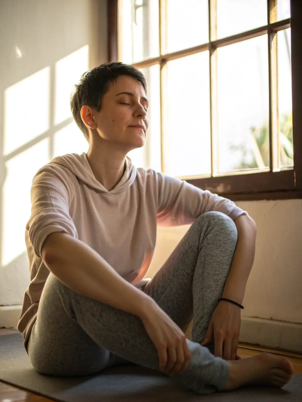 A person deeply relaxed in a yoga pose, eyes closed, in a peaceful setting, emphasizing the stress-reducing benefits of yoga at AWAKENING AND HARMONY.