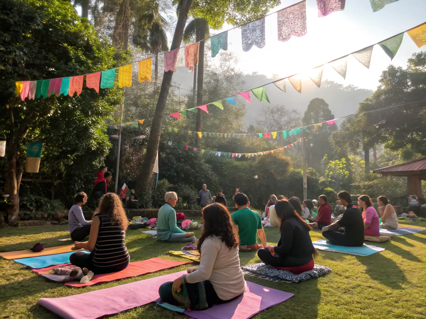 A vibrant scene of a community event organized by AWAKENING AND HARMONY, showcasing people of all ages and backgrounds participating in a wellness activity, with bright, cheerful colors and a sense of unity.