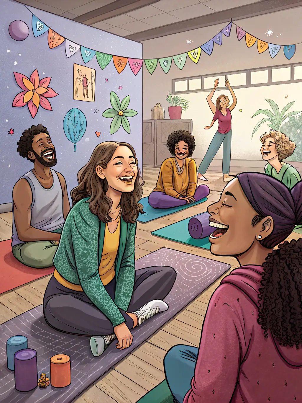 A group of yoga students laughing and connecting after a class, showcasing the strong sense of community fostered at AWAKENING AND HARMONY.