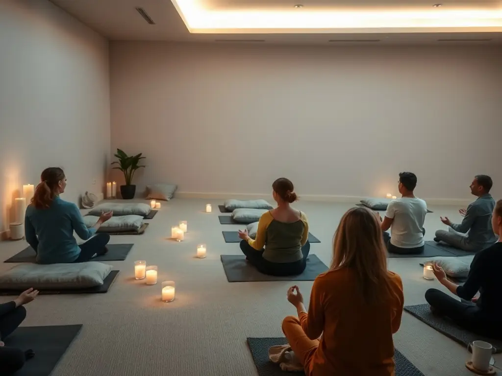 A serene image of participants in a mindfulness workshop, practicing meditation techniques in a peaceful setting, with soft, diffused lighting and a focus on inner calm.