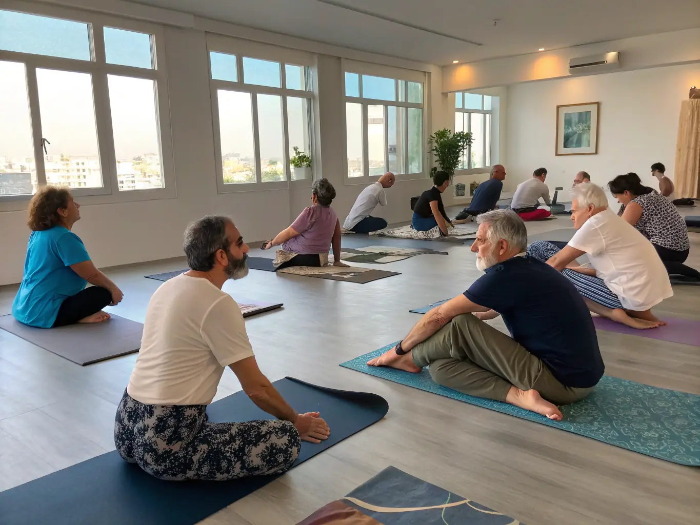 A group of diverse individuals participating in a gentle yoga session in a sunlit studio, focusing on relaxation and mindfulness, with soft, natural lighting and serene expressions.