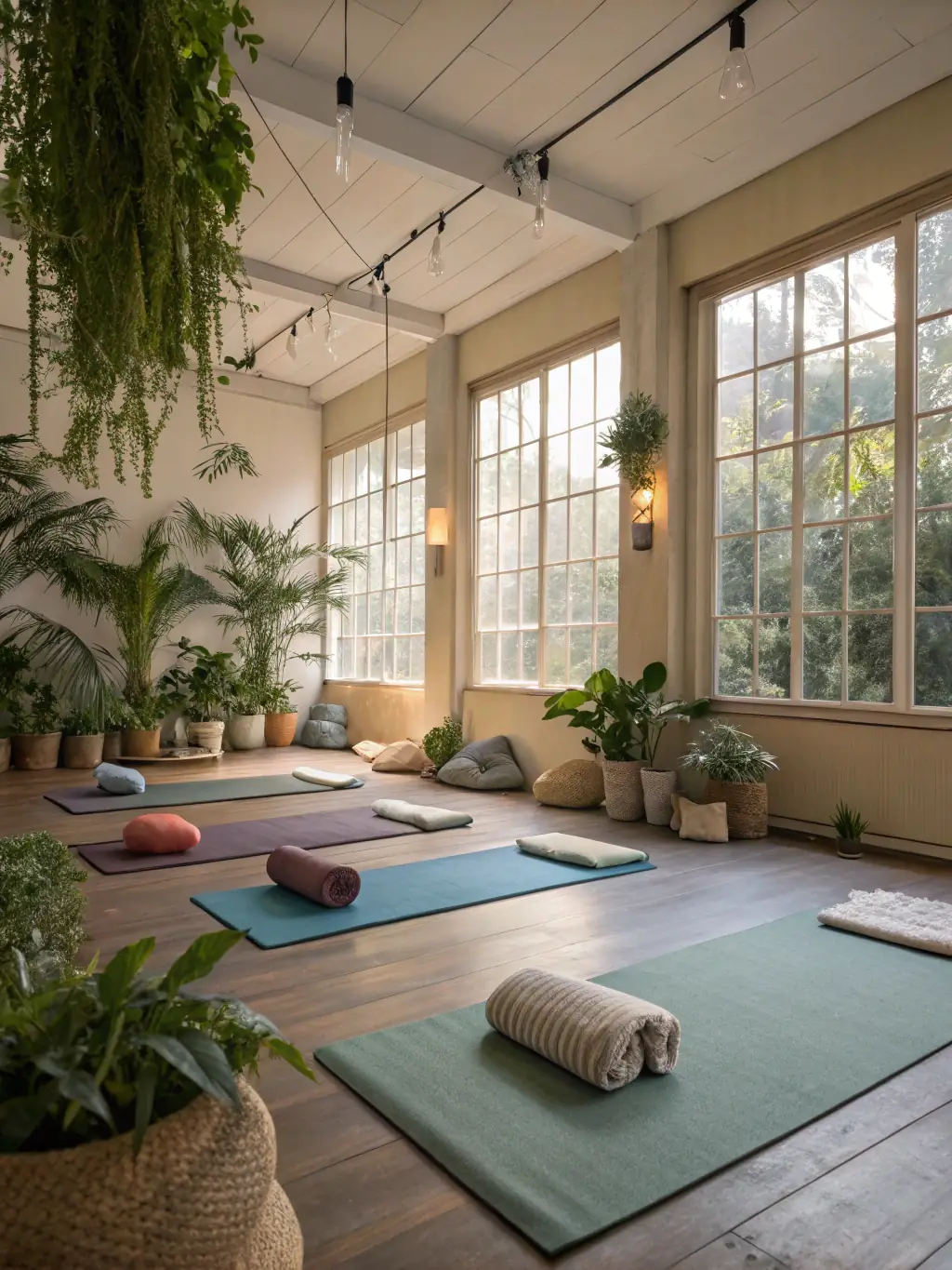 A welcoming yoga studio interior with soft lighting, natural wood floors, and plants, creating a calming and inclusive atmosphere for all students.